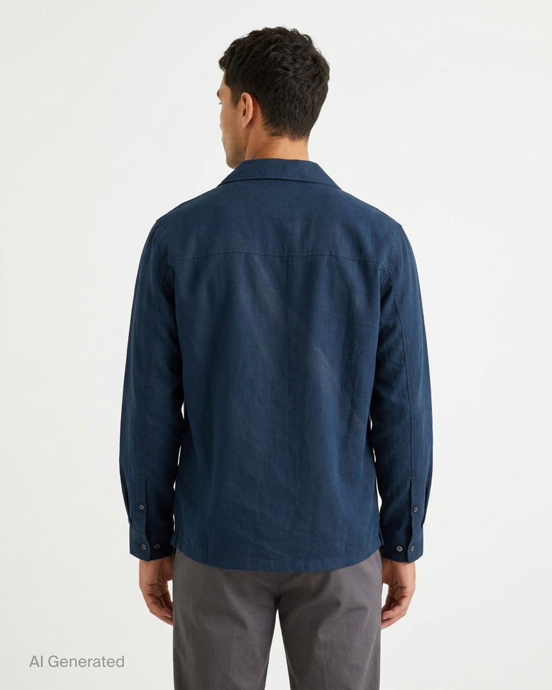 JiyongKim Sun-Bleached Strap Shirt in navy with camp collar, chest pocket and button sleeve straps, shown from the front - back
