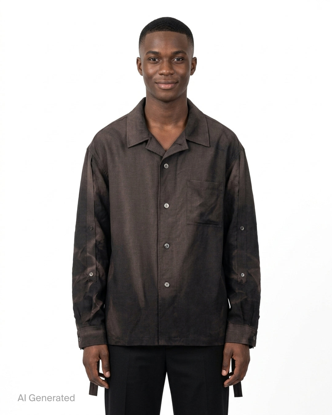 JiyongKim Sun-Bleached Strap Shirt in faded dark brown with open camp collar, chest pocket, button front and adjustable sleeve straps - front