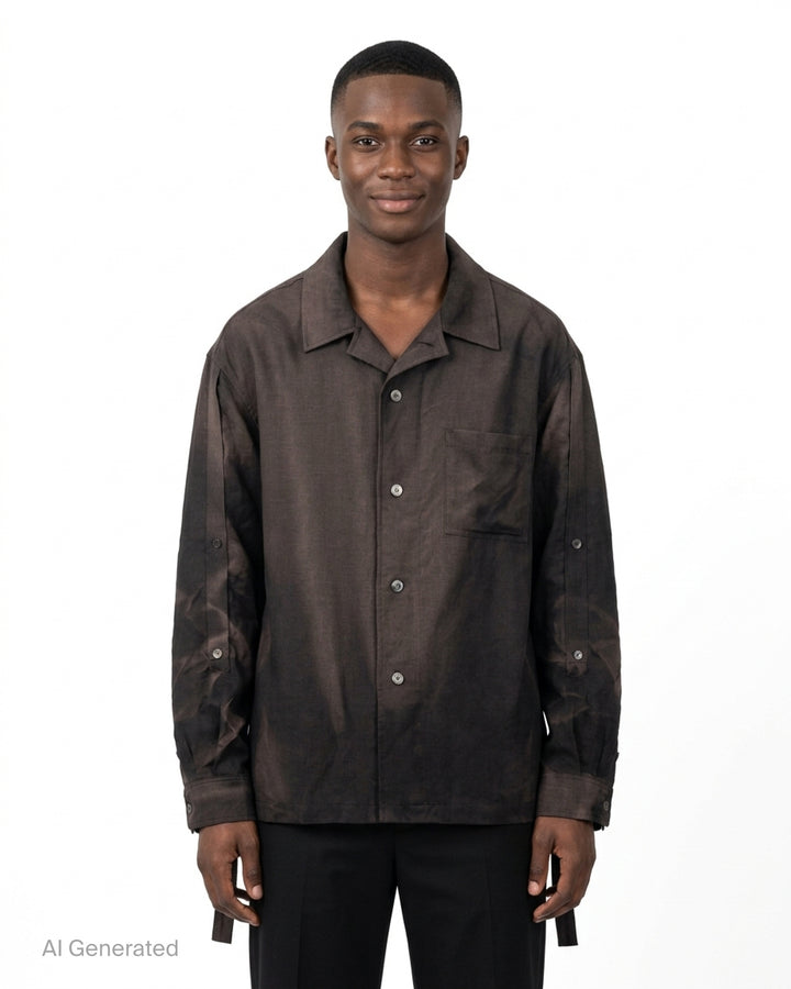 JiyongKim Sun-Bleached Strap Shirt in faded dark brown with open camp collar, chest pocket, button front and adjustable sleeve straps - front