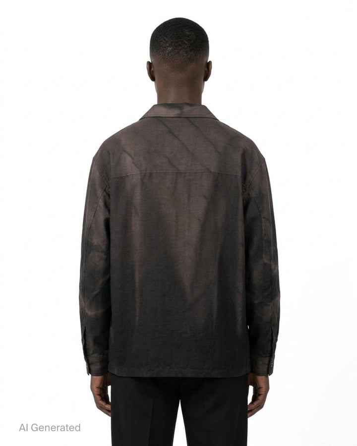 JiyongKim Sun-Bleached Strap Shirt in faded dark brown with open camp collar, chest pocket, button front and adjustable sleeve straps - back