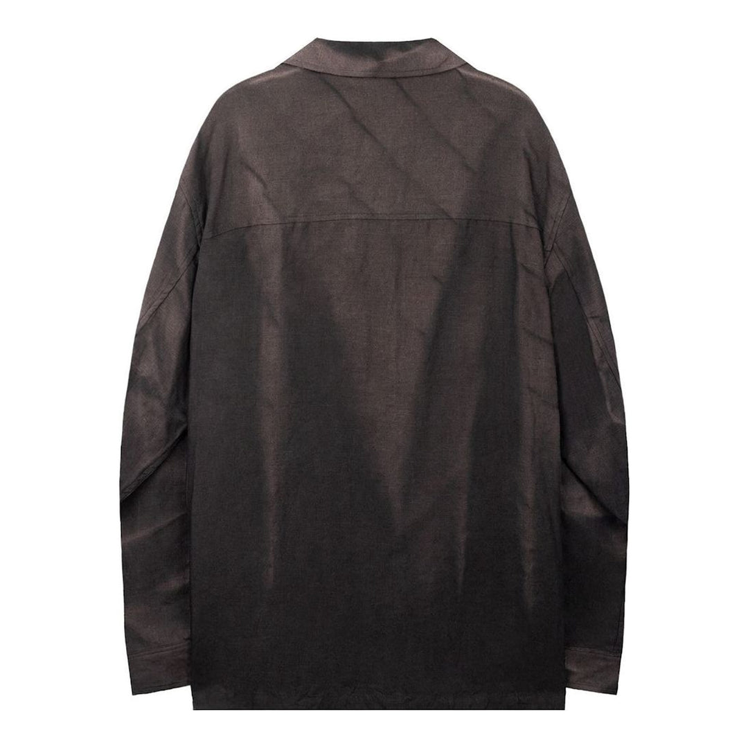 JiyongKim Sun-Bleached Strap Shirt in faded dark brown with open camp collar, chest pocket, button front and adjustable sleeve straps - packshot