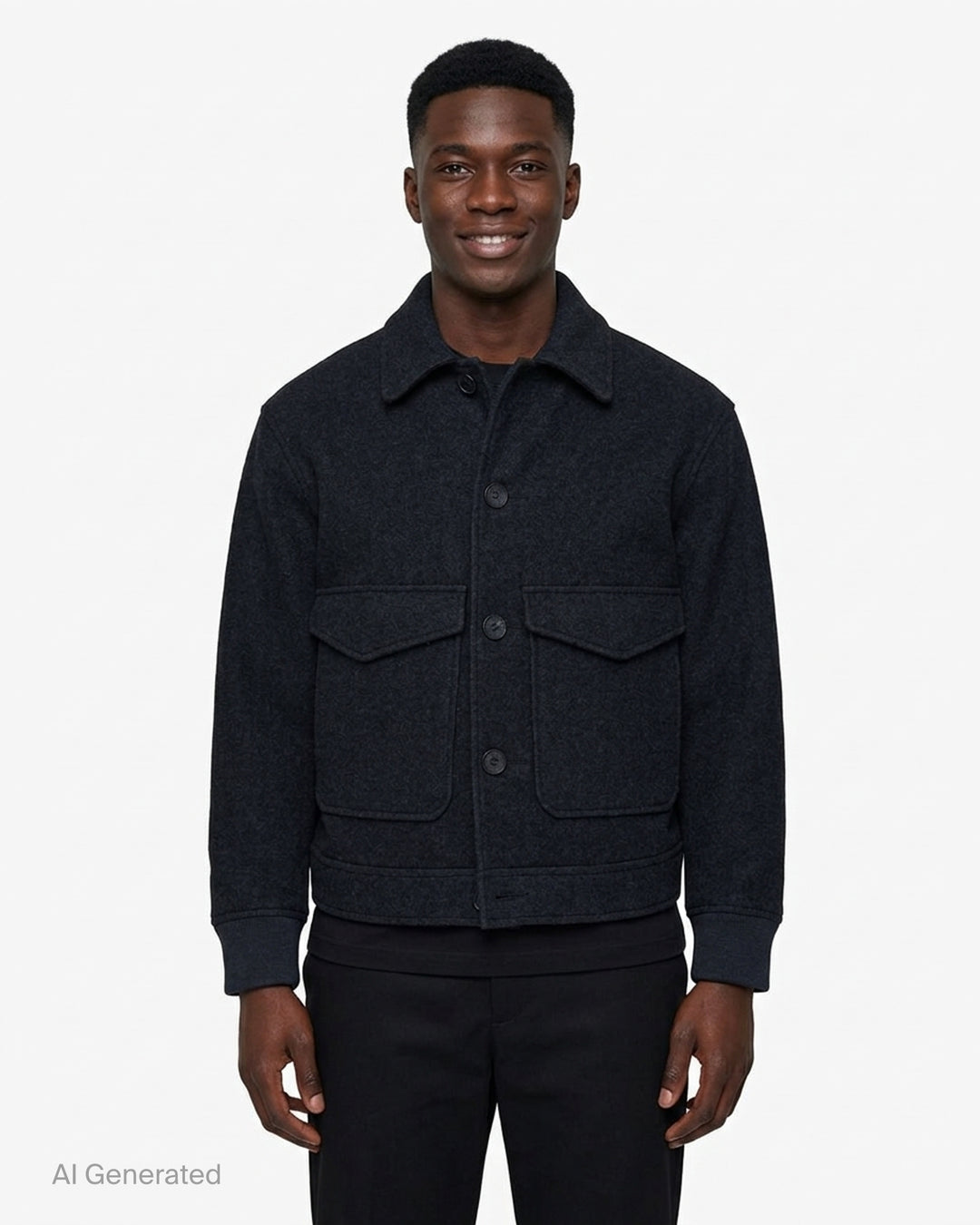 Junya Watanabe MAN charcoal cashmere melton jersey jacket with point collar, four-button front, flap pockets and ribbed cuffs - front