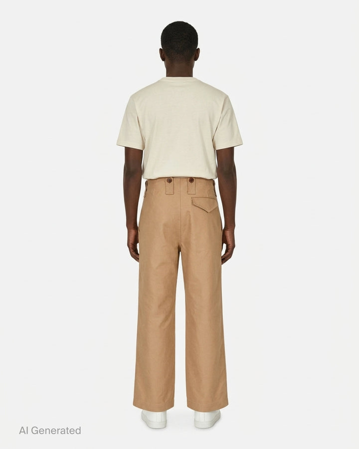 Junya Watanabe camel cropped wide-leg trousers with button tab waistband detail, shown from the front - back