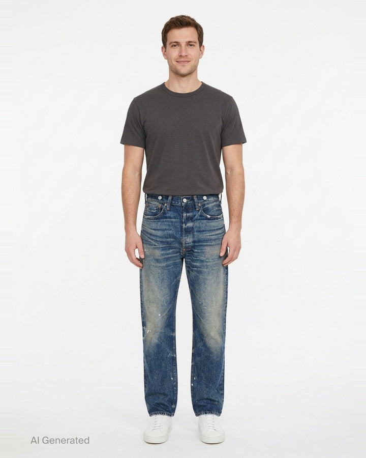 Junya Watanabe distressed cotton denim jeans with heavy vintage wash, paint splatter marks, copper rivets, and engraved silver-tone buttons along the waistband — straight-leg silhouette, front view - front