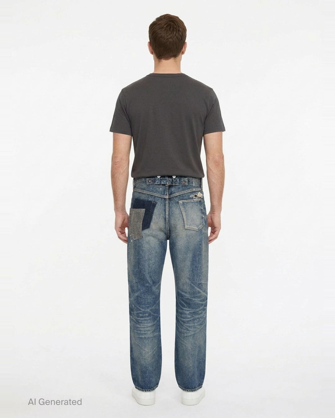 Junya Watanabe distressed cotton denim jeans with heavy vintage wash, paint splatter marks, copper rivets, and engraved silver-tone buttons along the waistband — straight-leg silhouette, front view - back