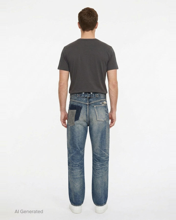 Junya Watanabe distressed cotton denim jeans with heavy vintage wash, paint splatter marks, copper rivets, and engraved silver-tone buttons along the waistband — straight-leg silhouette, front view - back