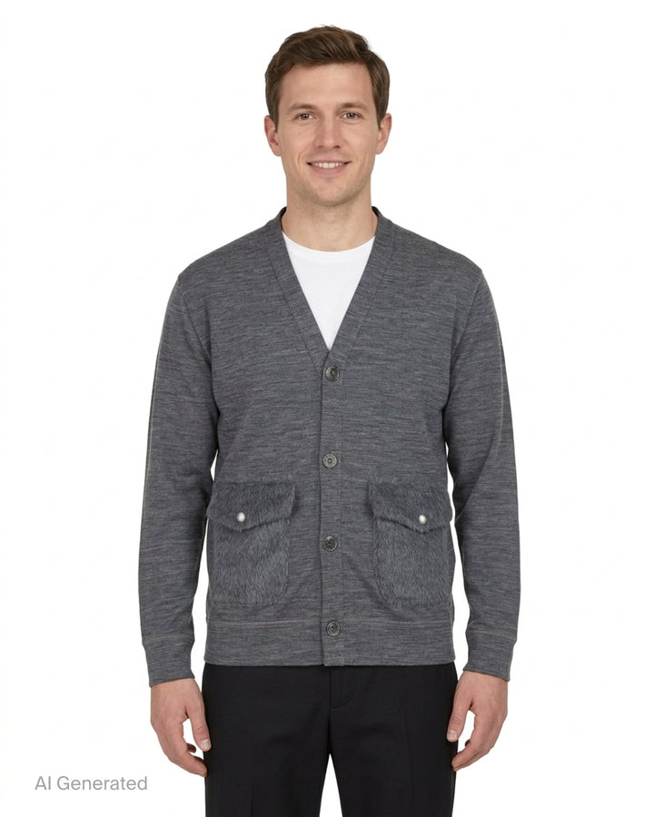 Junya Watanabe MAN grey marl button-up cardigan with V-neck and two textured faux fur flap pockets - front
