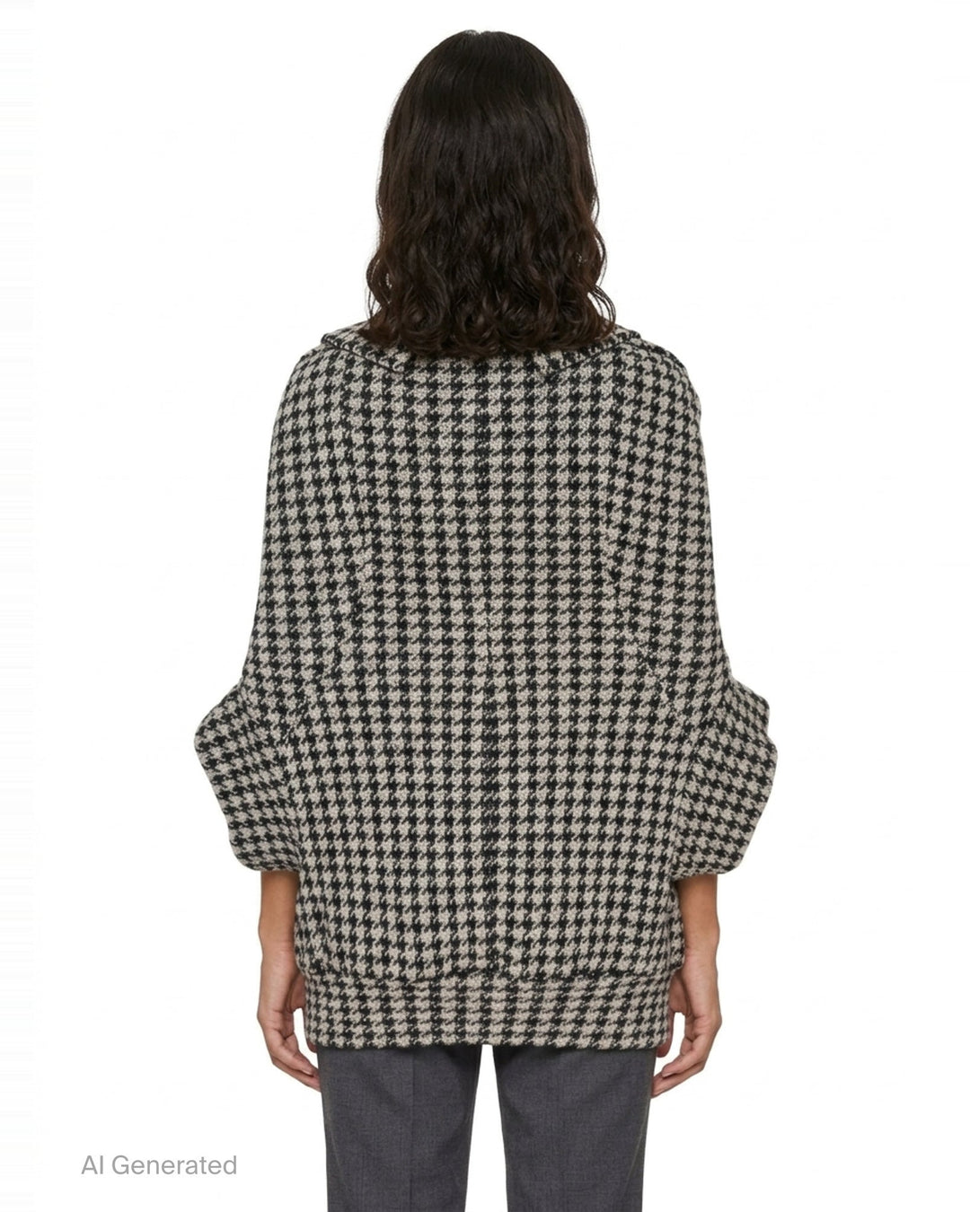 Junya Watanabe black and white houndstooth double-breasted structured coat with oversized silhouette, four black buttons, and large hip pockets, flat lay on white background - back