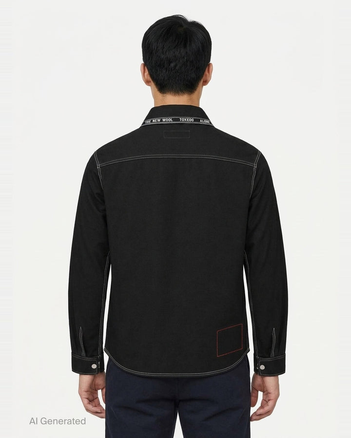 Junya Watanabe x Levi's black long-sleeve shirt with white contrast stitching, embroidered seagull motif across the chest, asymmetric chest pocket with red Levi's tab, and zip-detailed cuffs - back