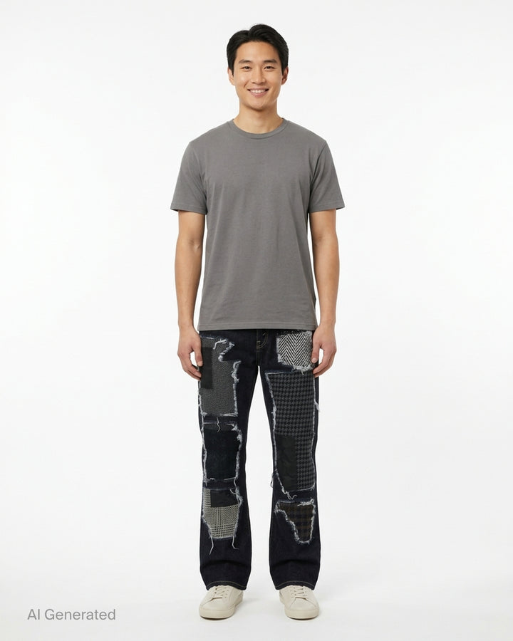 Junya Watanabe dark indigo straight-leg jeans with frayed herringbone, houndstooth and camouflage patchwork panels, front view - front