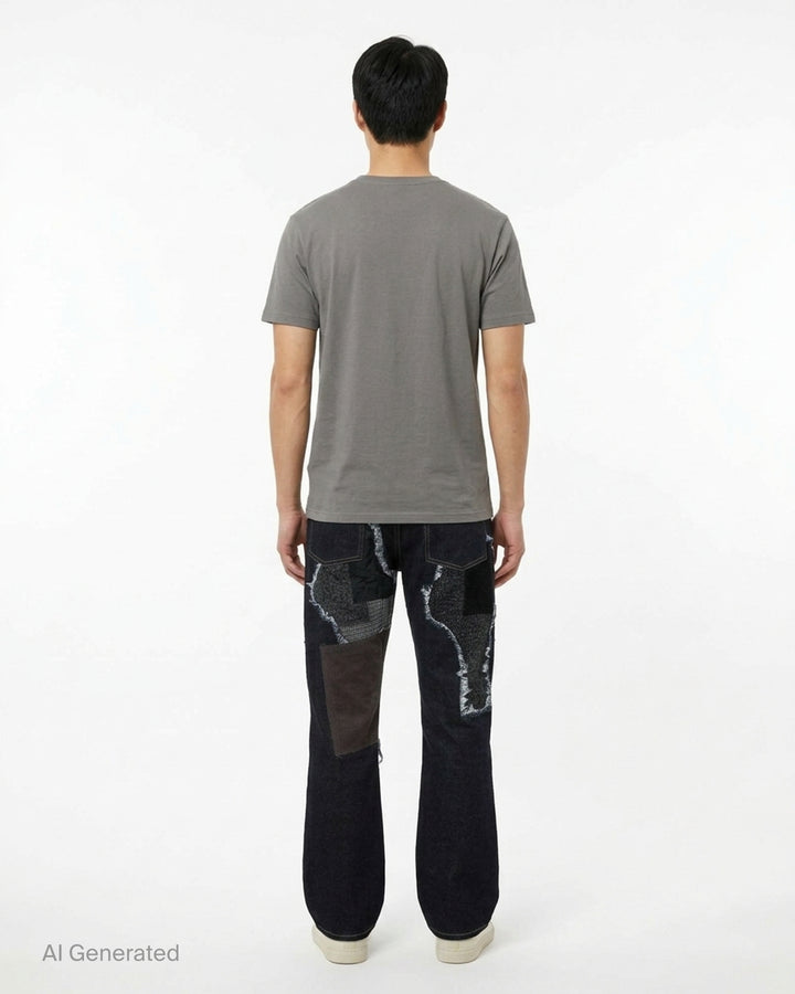 Junya Watanabe dark indigo straight-leg jeans with frayed herringbone, houndstooth and camouflage patchwork panels, front view - back