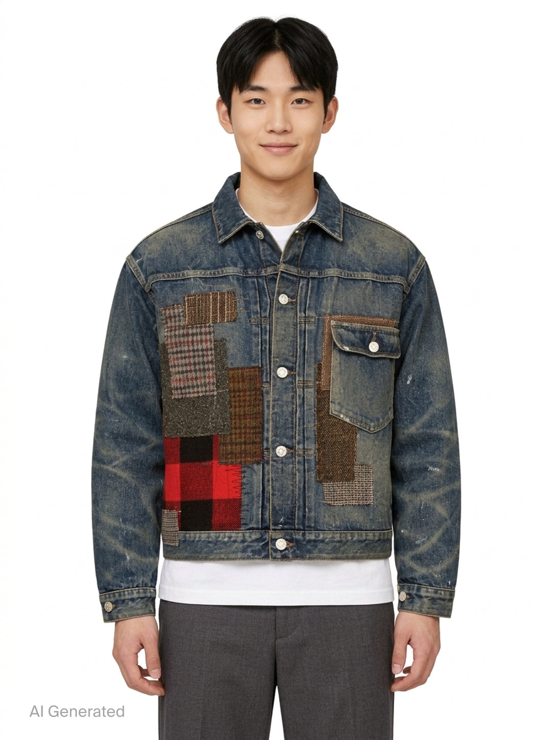 Junya Watanabe patchwork denim jacket in distressed indigo with mixed tweed, houndstooth, tartan plaid, and herringbone fabric appliqués, front view - front