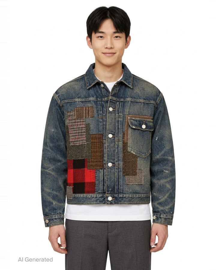 Junya Watanabe patchwork denim jacket in distressed indigo with mixed tweed, houndstooth, tartan plaid, and herringbone fabric appliqués, front view - front