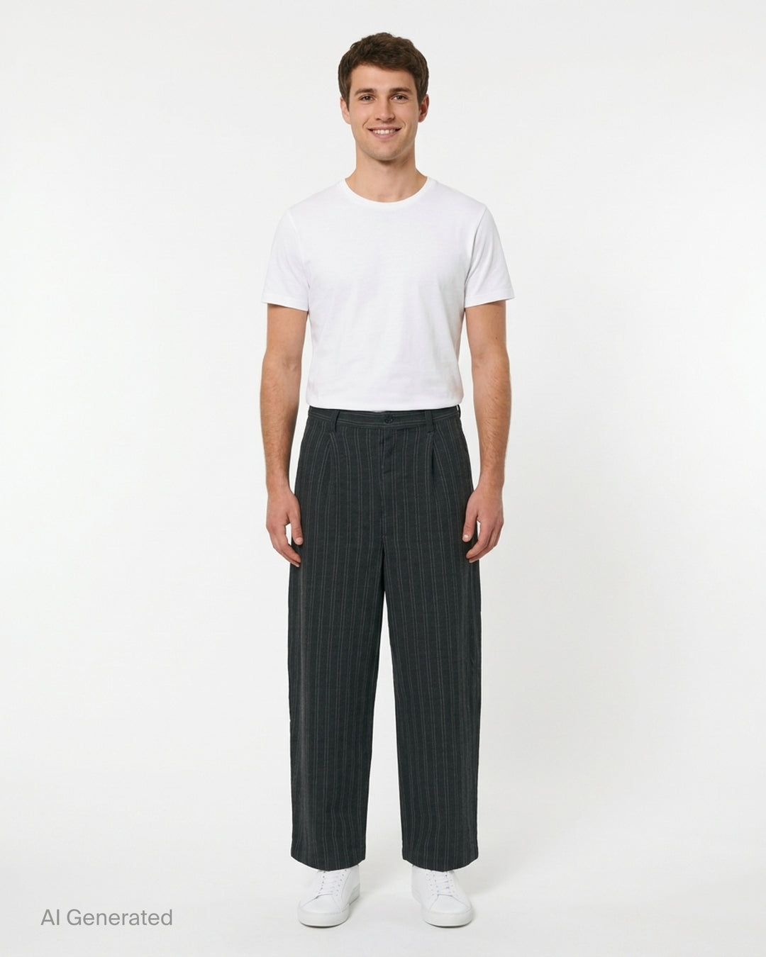 Junya Watanabe charcoal pinstripe wide-leg pants with front pleat and button closure, shown from the front - front