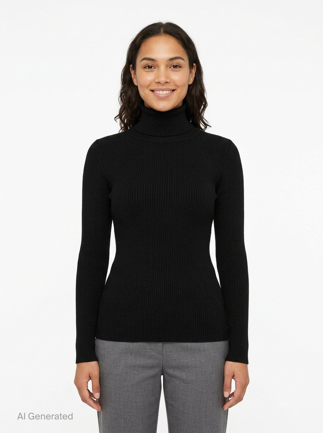 Junya Watanabe black ribbed turtleneck knit top with long raglan sleeves and fitted silhouette, front view - front