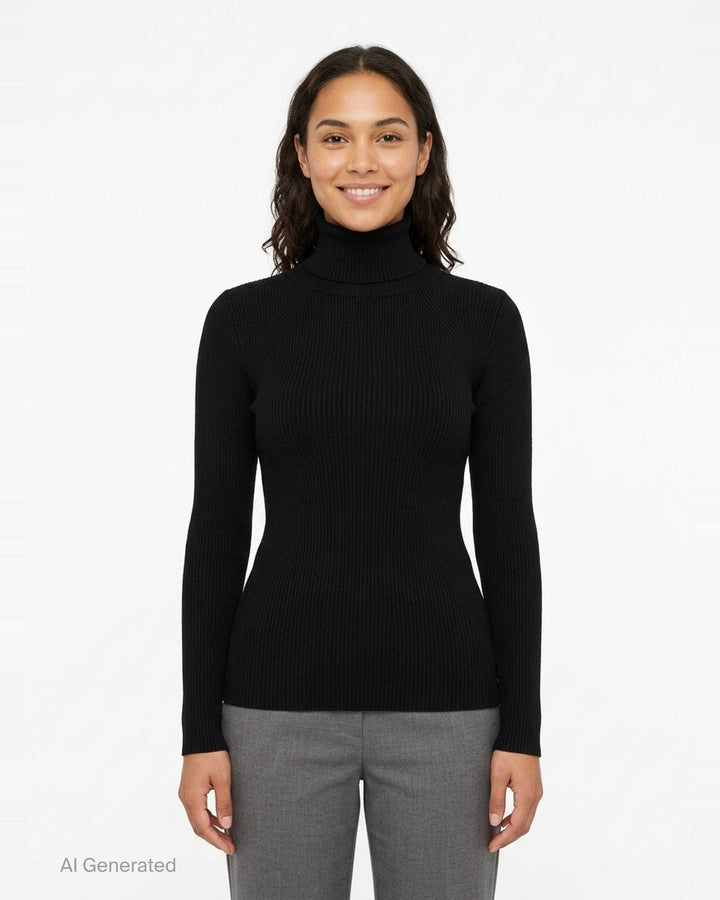 Junya Watanabe black ribbed turtleneck knit top with long raglan sleeves and fitted silhouette, front view - front