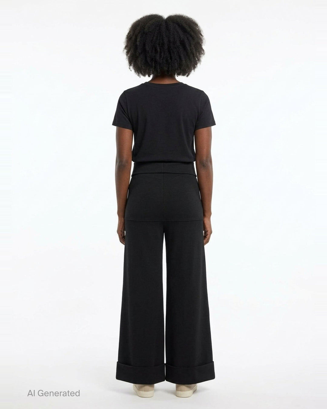 Junya Watanabe straight-leg minimal pants in black, featuring a fold-over waistband, wide silhouette, centre-front seam, and deep turned cuff at the hem, displayed flat on a white background - back