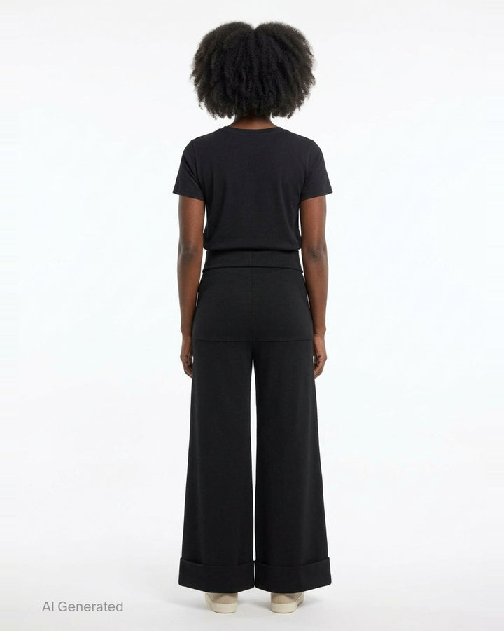 Junya Watanabe straight-leg minimal pants in black, featuring a fold-over waistband, wide silhouette, centre-front seam, and deep turned cuff at the hem, displayed flat on a white background - back