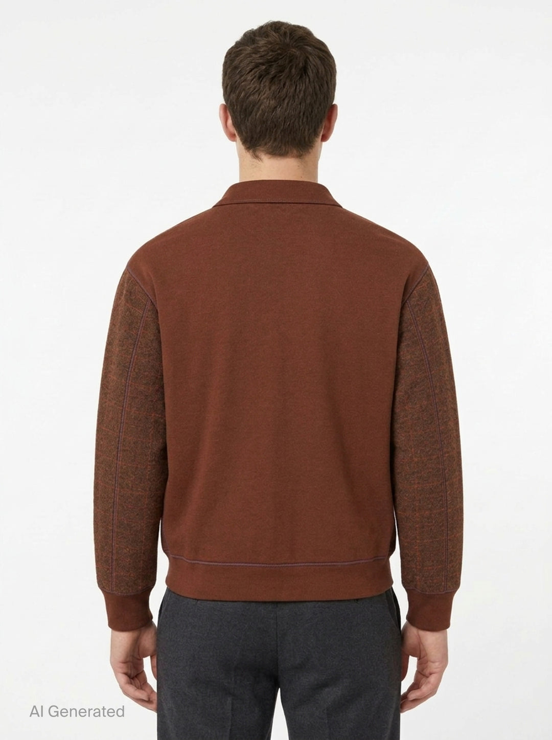 Junya Watanabe MAN wool check cardigan in brown with leather-look patch pockets, button front closure, and ribbed cuffs and hem - back