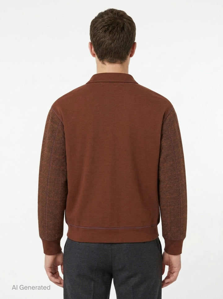 Junya Watanabe MAN wool check cardigan in brown with leather-look patch pockets, button front closure, and ribbed cuffs and hem - back
