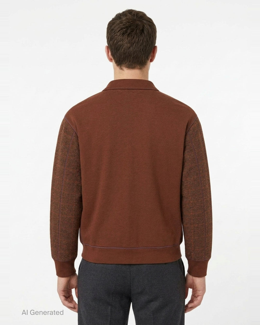 Junya Watanabe MAN wool check cardigan in brown with leather-look patch pockets, button front closure, and ribbed cuffs and hem - back
