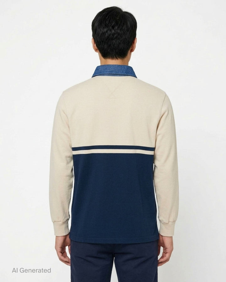 JW Anderson long sleeve polo in cream and navy colour-block with a washed denim collar, three-button placket and embroidered chest logo - back