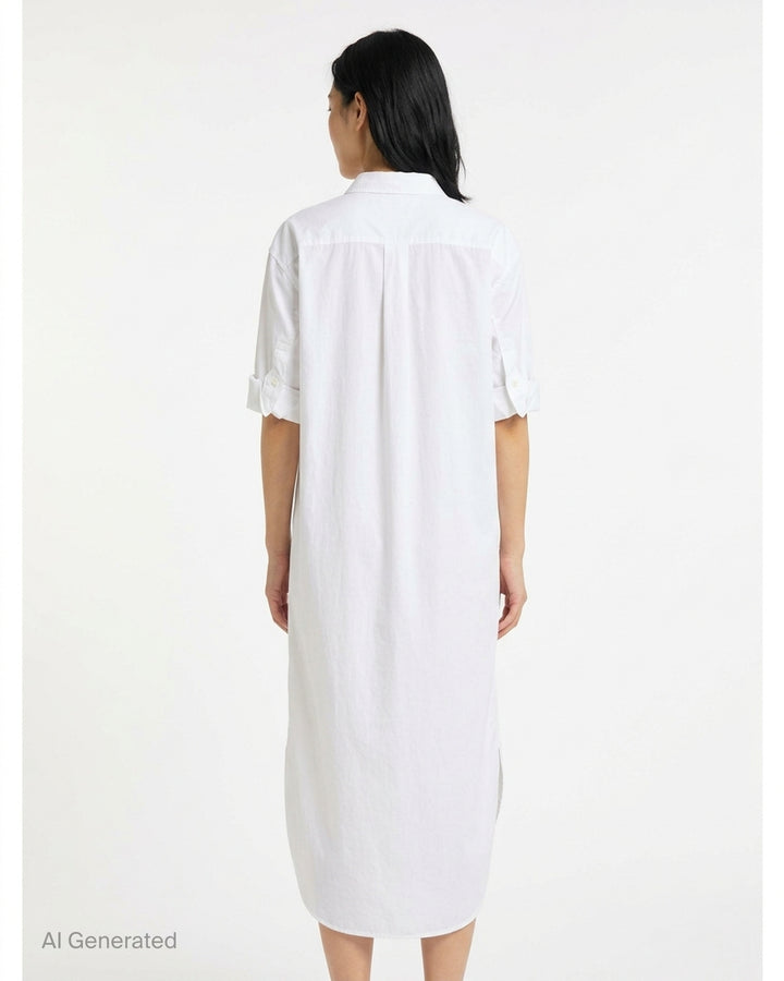JW Anderson white cotton poplin bib shirt with mandarin collar, button front, short cuffed sleeves and a high-low tailcoat hem - back