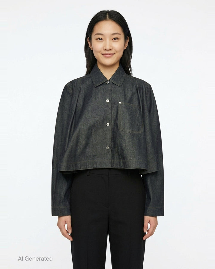 JW Anderson dark indigo lightweight denim flare hem shirt with detached dropped sleeves, cropped body, point collar, patch chest pocket, and mixed mother-of-pearl button fastening — front view - front