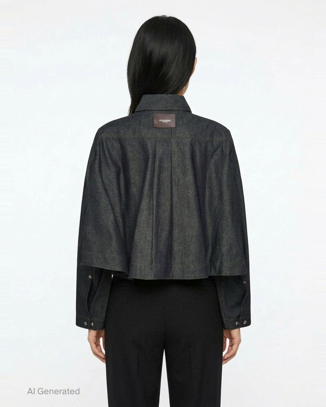 JW Anderson dark indigo lightweight denim flare hem shirt with detached dropped sleeves, cropped body, point collar, patch chest pocket, and mixed mother-of-pearl button fastening — front view - back