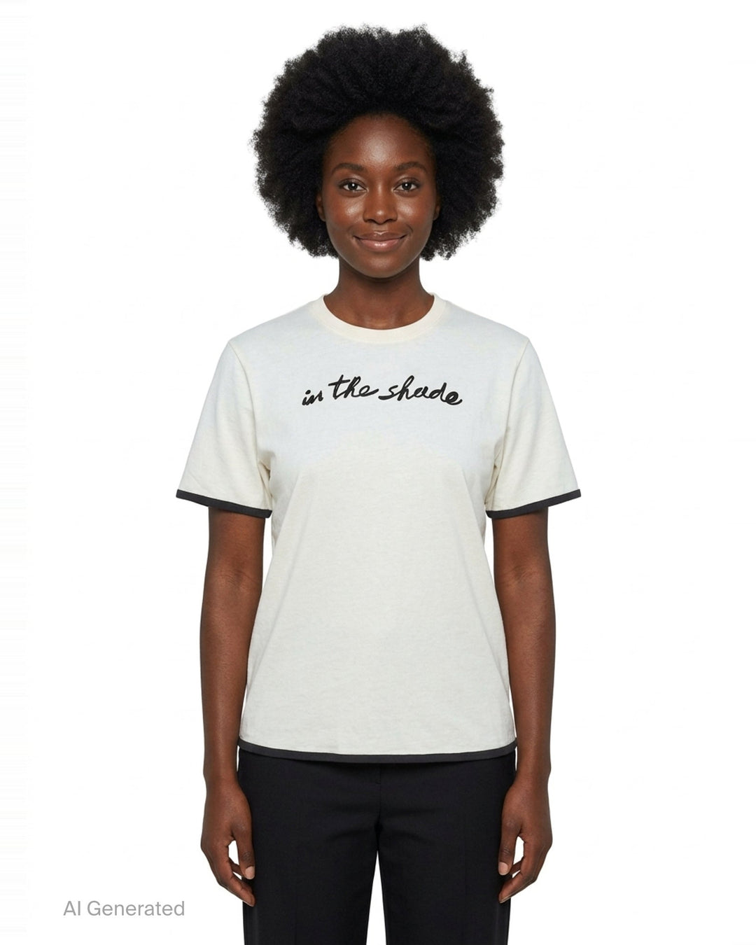 JW Anderson navy short sleeve t-shirt with red cursive 'in the shade' chest embroidery and contrast red sleeve and hem trim detailing - front