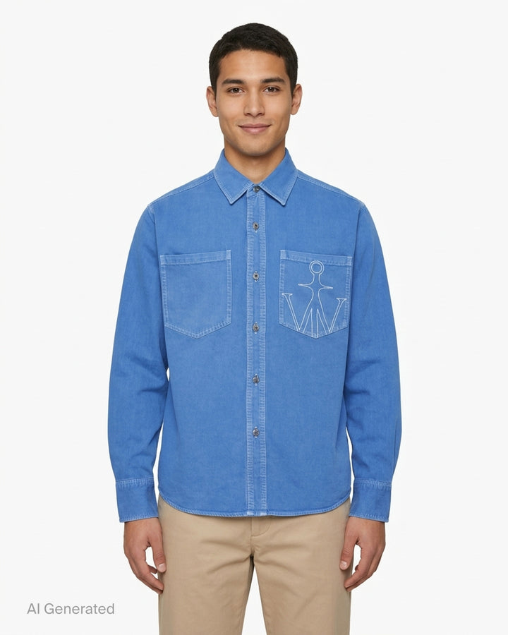 JW Anderson oversized long sleeve shirt in washed blue cotton twill with two chest pockets and an embroidered anchor logo - front