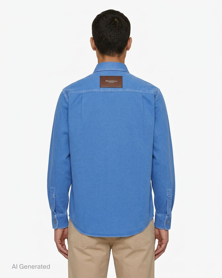 JW Anderson oversized long sleeve shirt in washed blue cotton twill with two chest pockets and an embroidered anchor logo - back