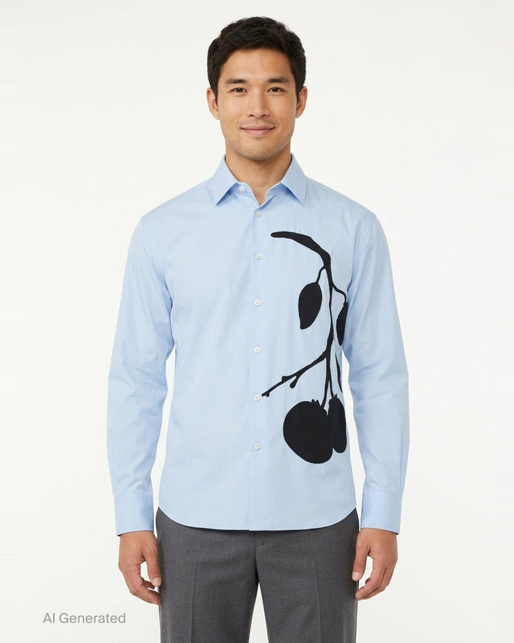 JW Anderson sky blue long-sleeve cotton shirt featuring an oversized black persimmon branch appliqué motif across the front, with white button fastening and point collar - front