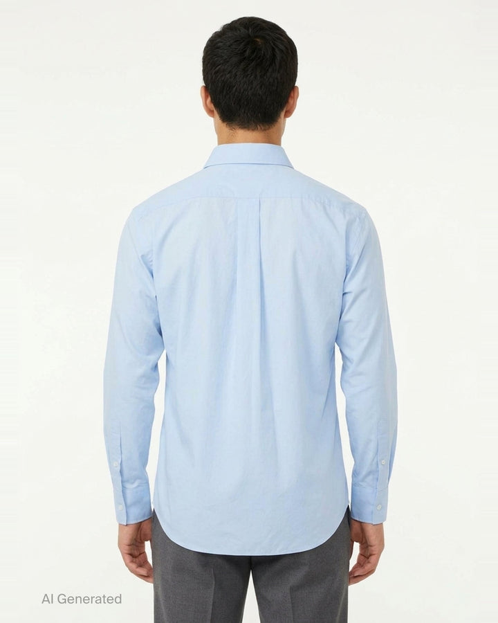 JW Anderson sky blue long-sleeve cotton shirt featuring an oversized black persimmon branch appliqué motif across the front, with white button fastening and point collar - back