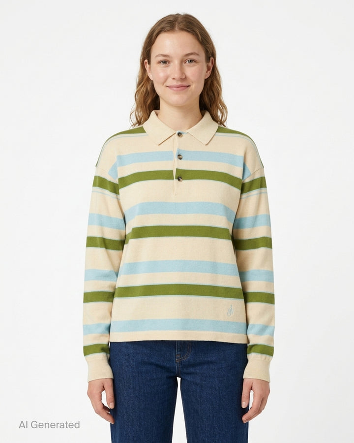 JW Anderson Rugby Knitted Polo in cream with green and light blue horizontal stripes, collar, three-button placket and embroidered anchor logo - front
