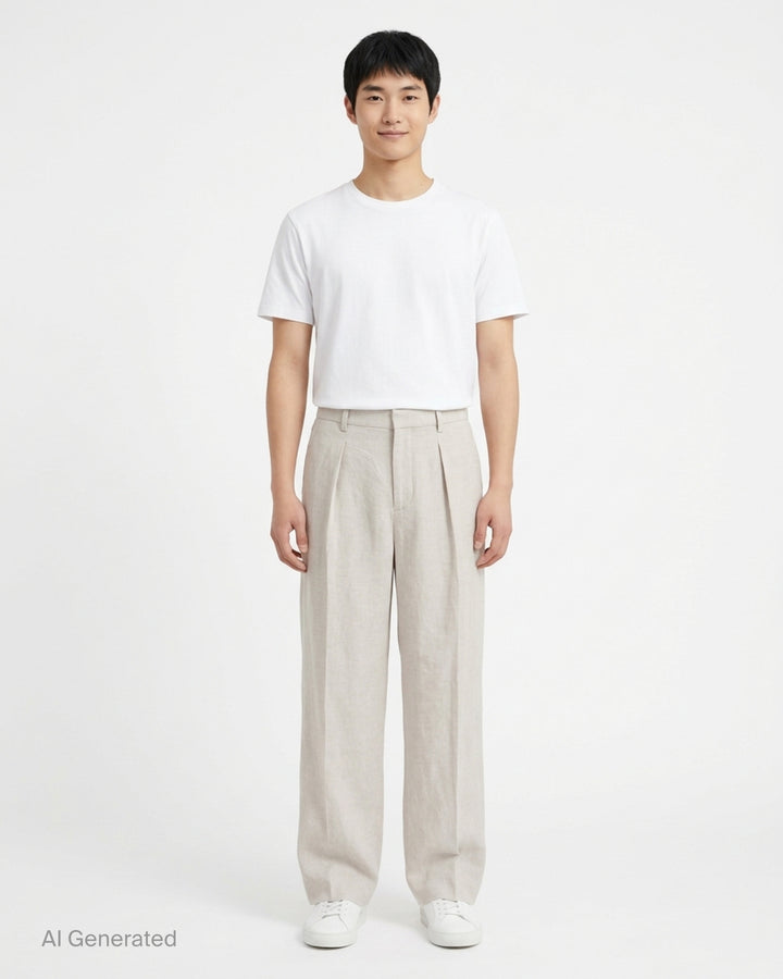 JW Anderson single pleat wide-leg trousers in oatmeal linen, shown from the front - front