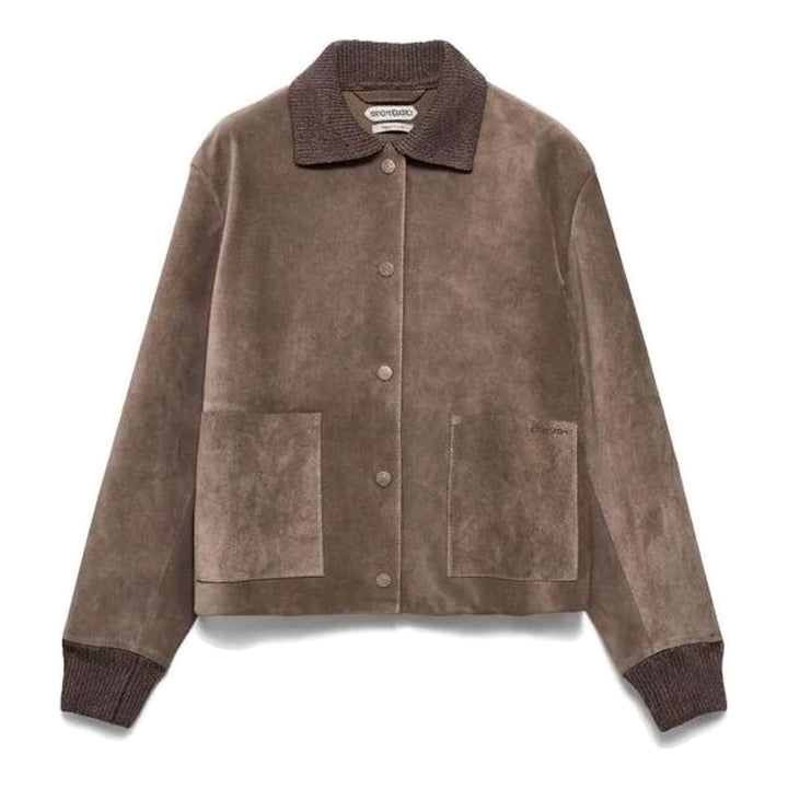 JW Anderson split suede jacket in taupe brown with ribbed knit collar and cuffs, snap-button front and two patch pockets - packshot