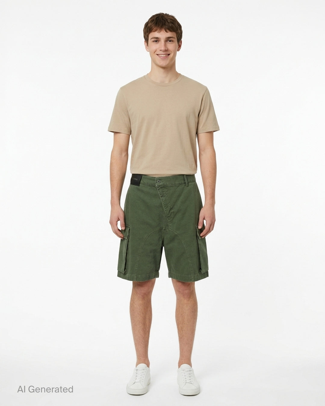 JW Anderson twisted patch pocket shorts in olive green with asymmetric fly, curved seams and flap cargo pockets - front