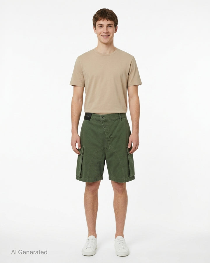 JW Anderson twisted patch pocket shorts in olive green with asymmetric fly, curved seams and flap cargo pockets - front