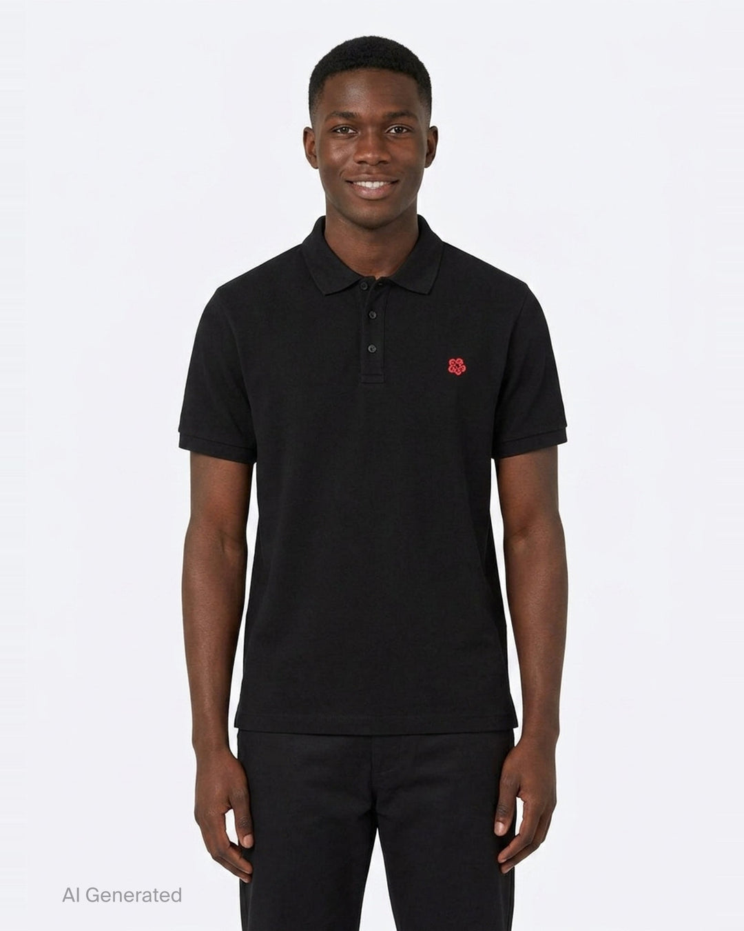 Kenzo black piqué cotton polo shirt with embroidered Boke flower crest and three-button placket - front