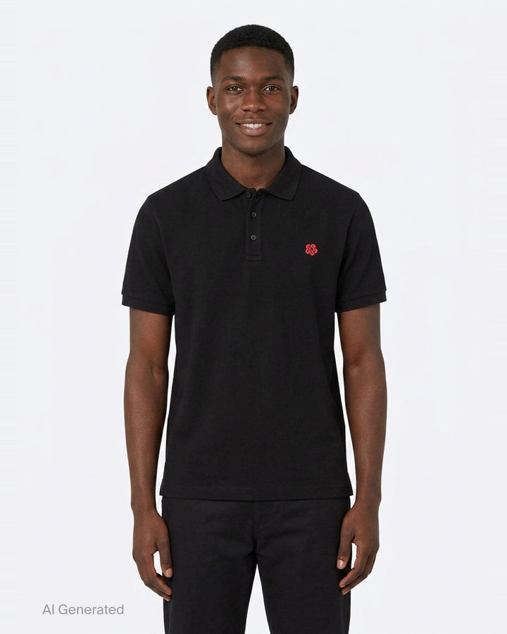 Kenzo black piqué cotton polo shirt with embroidered Boke flower crest and three-button placket - front