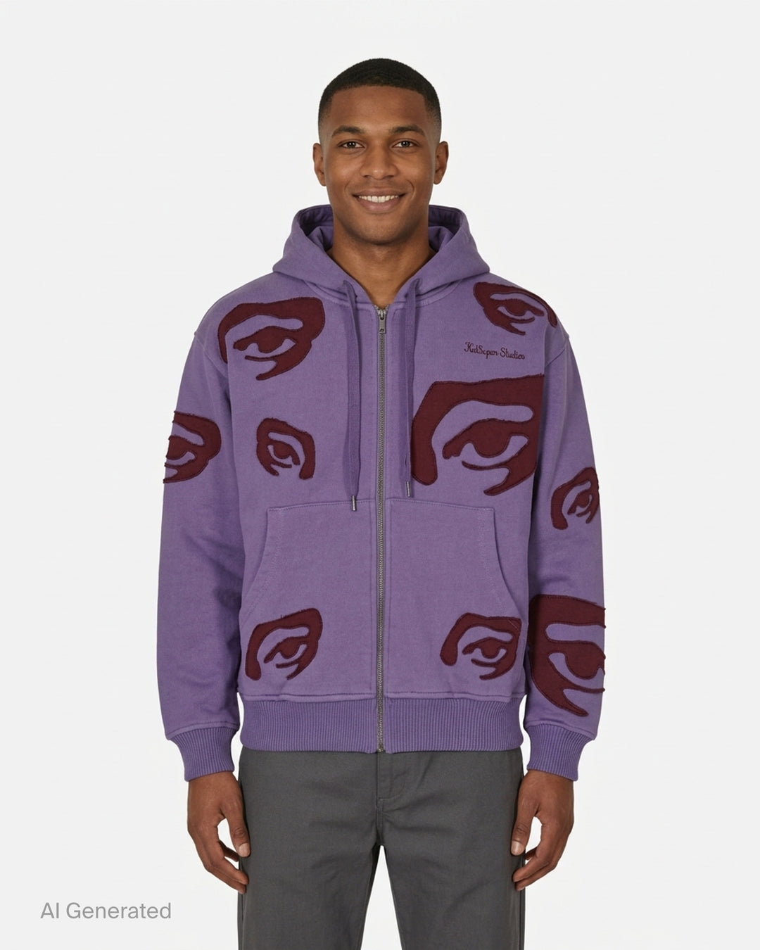 KidSuper Studios Allover Eye Zip Hoodie in lilac with burgundy raw-edge eye appliqués, drawstring hood and kangaroo pocket - front
