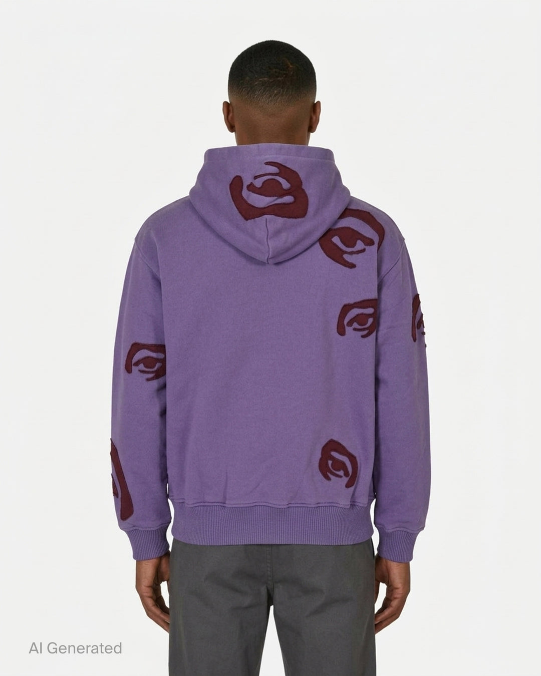 KidSuper Studios Allover Eye Zip Hoodie in lilac with burgundy raw-edge eye appliqués, drawstring hood and kangaroo pocket - back