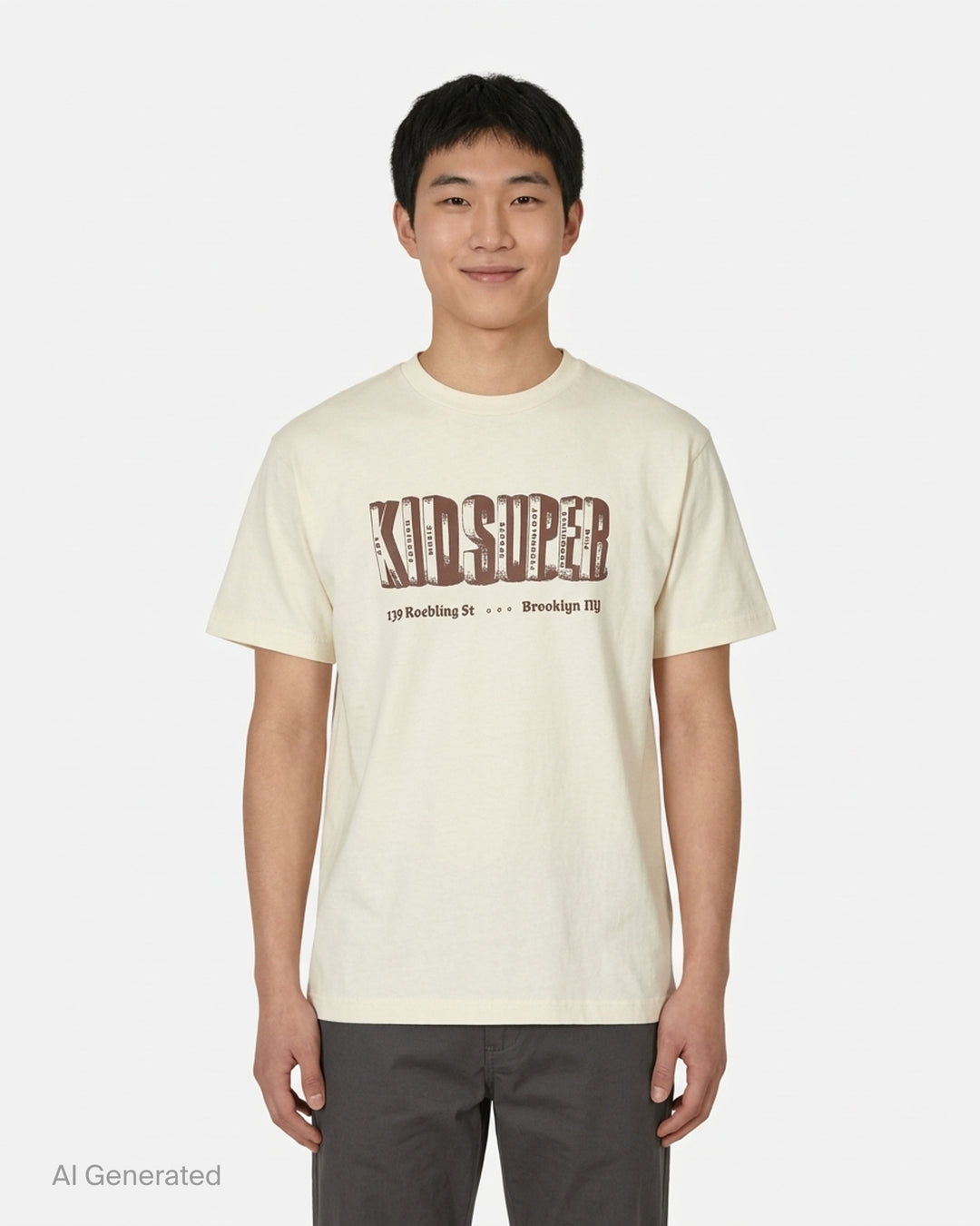 KidSuper Studios Block Letters Tee in cream with brown dimensional block-letter logo and Brooklyn, NY address print on the chest - front