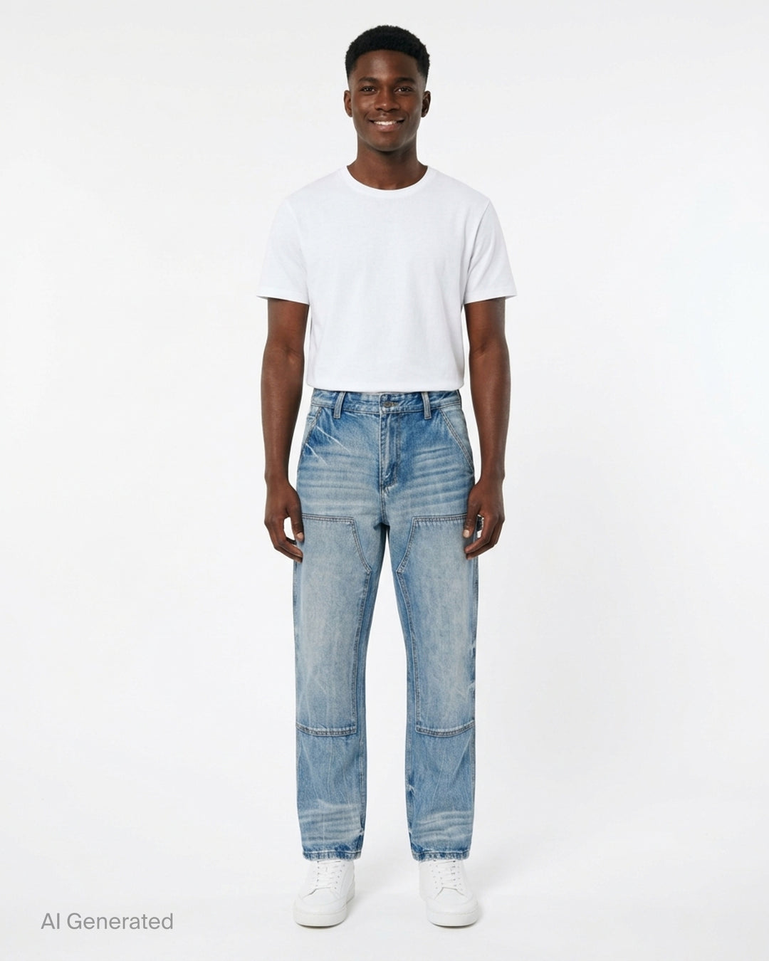 KidSuper Studios Eye Badge washed double knee jeans in faded blue denim with contrast topstitching and utility hammer loop, front view - front