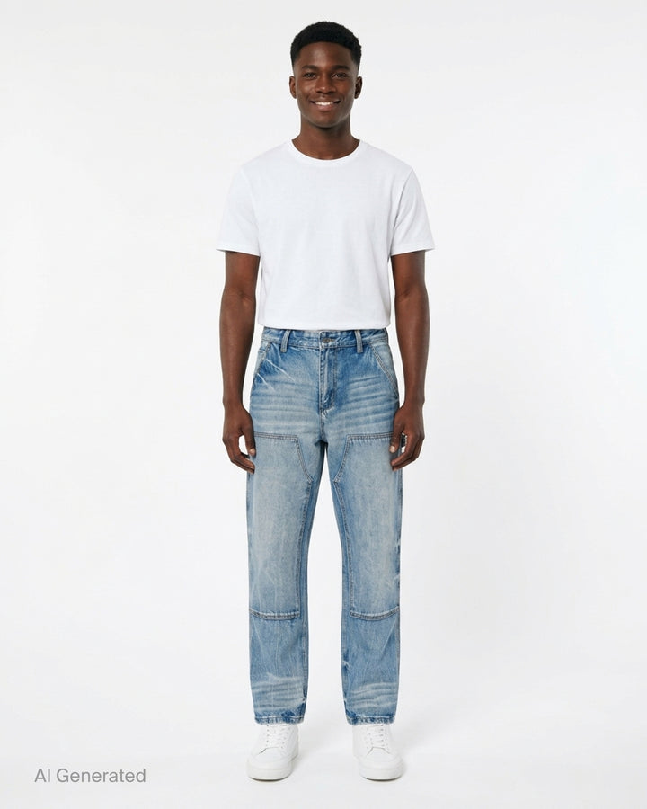 KidSuper Studios Eye Badge washed double knee jeans in faded blue denim with contrast topstitching and utility hammer loop, front view - front