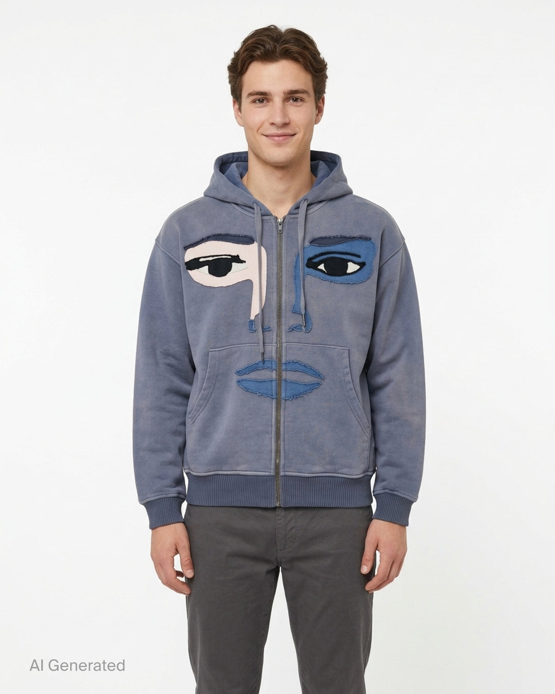 KidSuper Studios washed blue-grey zip hoodie with a patchwork appliqué face featuring mismatched eyes, nose and lips, shown from the front with drawstring hood and kangaroo pocket - front
