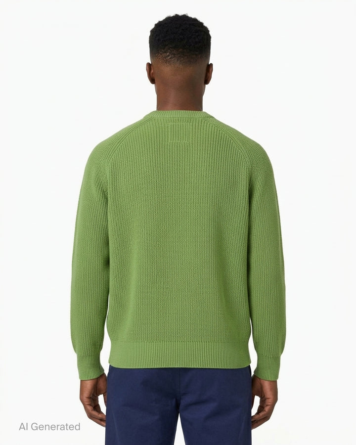 KidSuper Studios green ribbed knit sweater with a yellow embroidered sunflower at the hem and yellow script logo at the shoulder - back