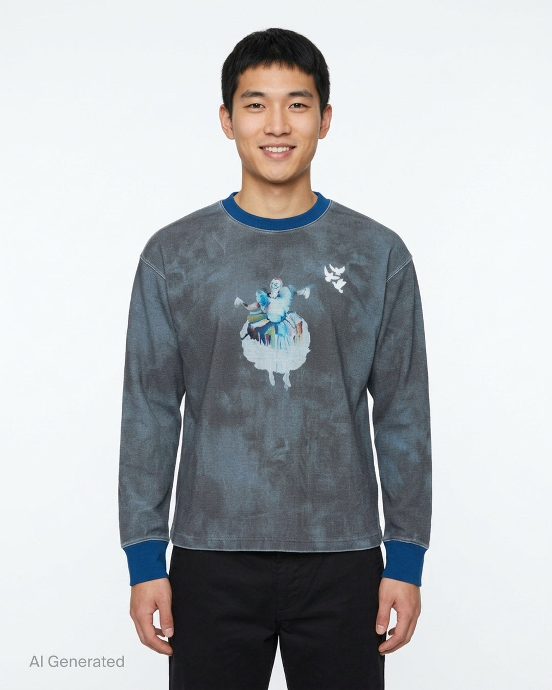 KidSuper Studios Puppet Master Thermal in washed grey-blue tie-dye waffle knit with a painted dancer graphic, white dove embroidery and contrast blue collar and cuffs - front