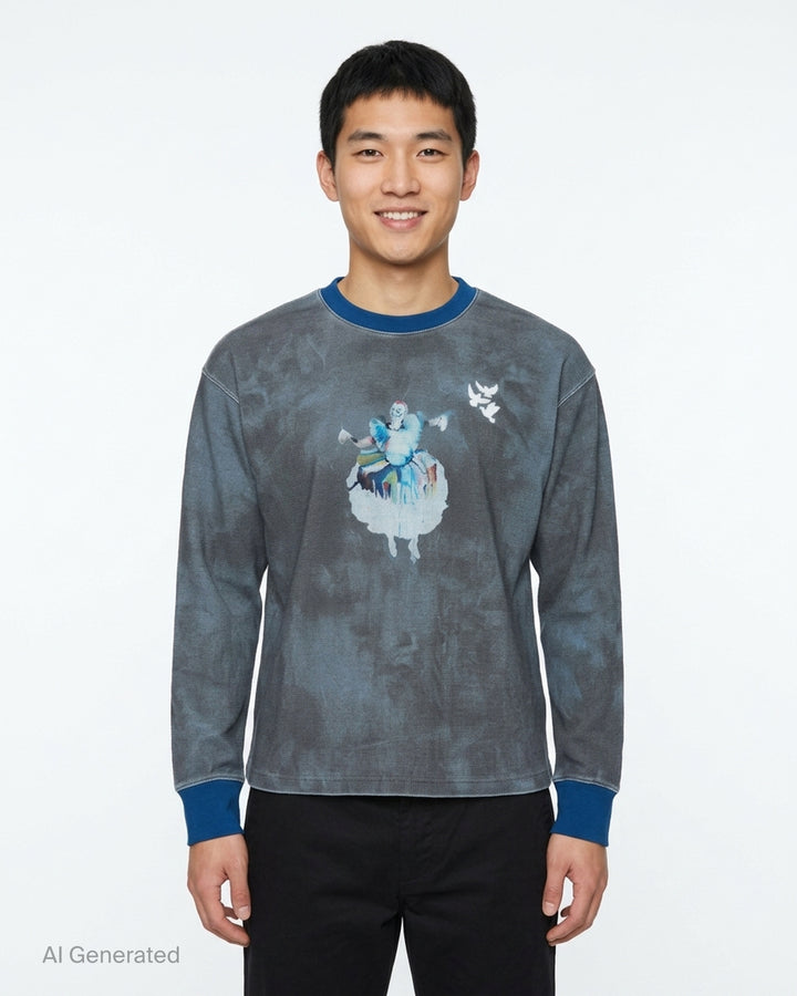 KidSuper Studios Puppet Master Thermal in washed grey-blue tie-dye waffle knit with a painted dancer graphic, white dove embroidery and contrast blue collar and cuffs - front